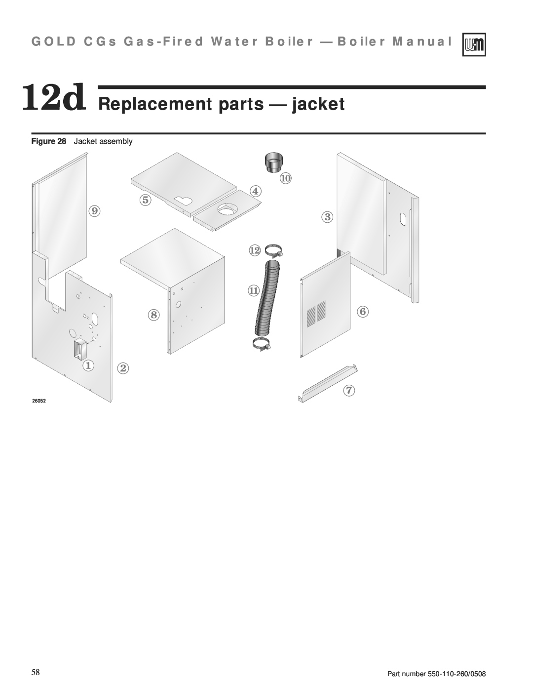 Weil-McLain 550-110-260/0508 manual 12d Replacement parts — jacket, GOLD CGs Gas-FiredWater Boiler — Boiler Manual 