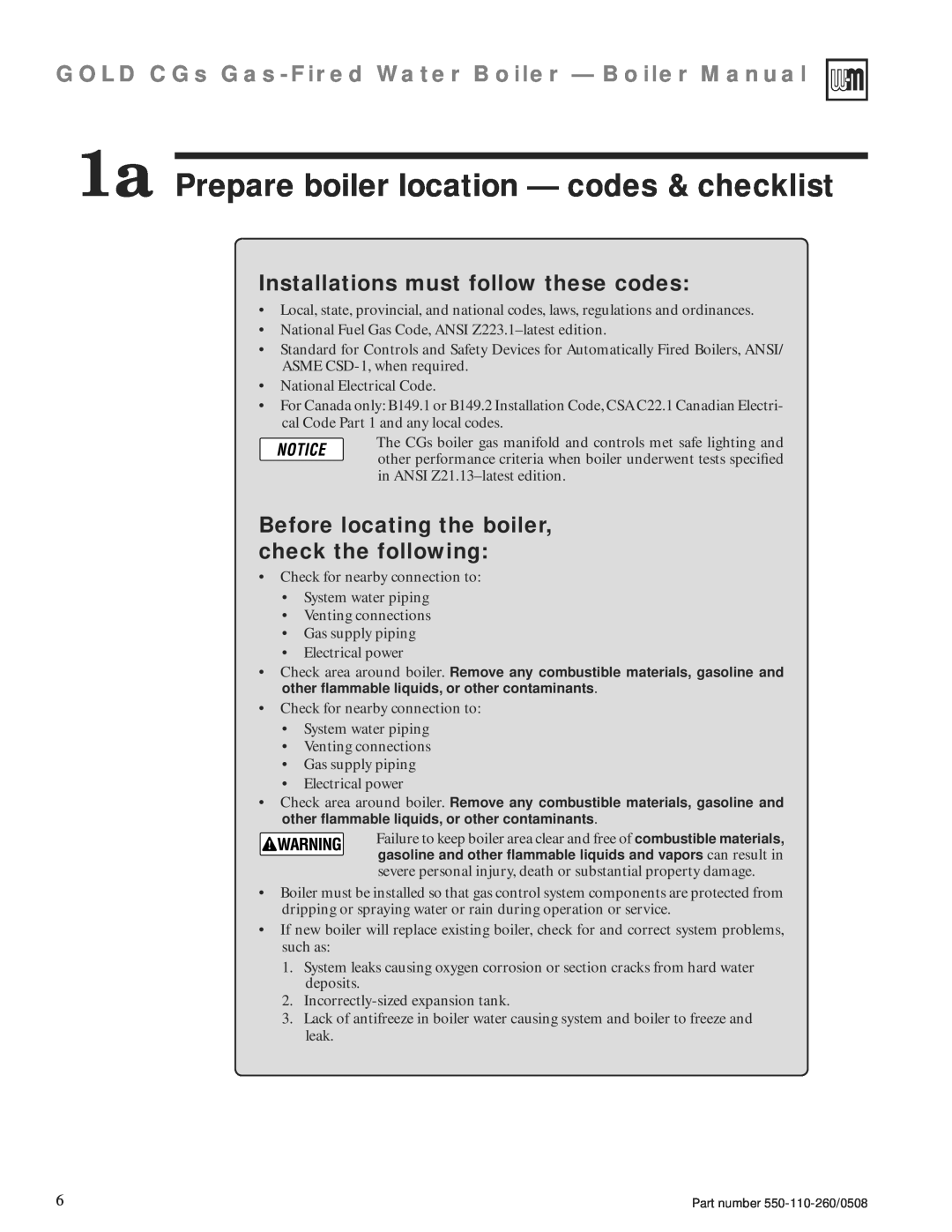 Weil-McLain 550-110-260/0508 manual 1a Prepare boiler location — codes & checklist, Installations must follow these codes 