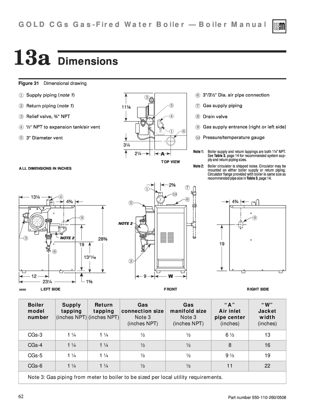 Weil-McLain 550-110-260/0508 manual 13a Dimensions, GOLD CGs Gas-FiredWater Boiler - Boiler Manual 