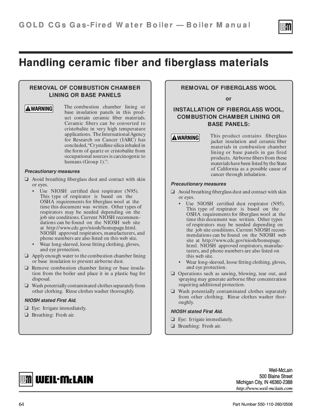 Weil-McLain 550-110-260/0508 Handling ceramic ﬁber and ﬁberglass materials, GOLD CGs Gas-FiredWater Boiler — Boiler Manual 