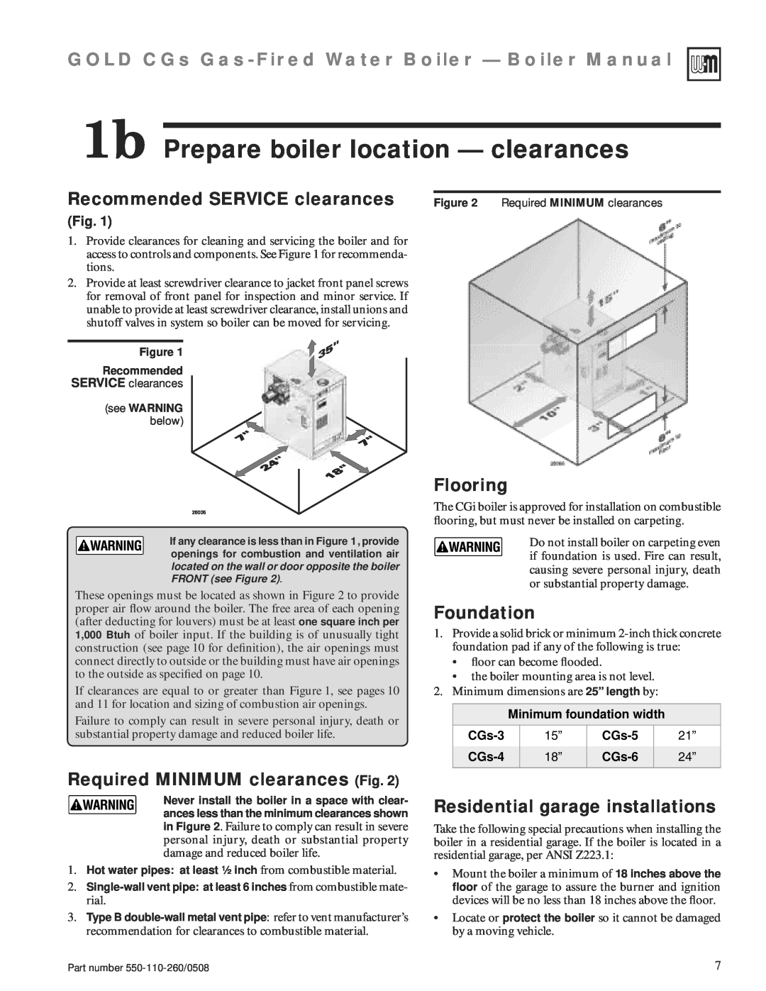Weil-McLain 550-110-260/0508 1b Prepare boiler location — clearances, Recommended SERVICE clearances, Flooring, Foundation 