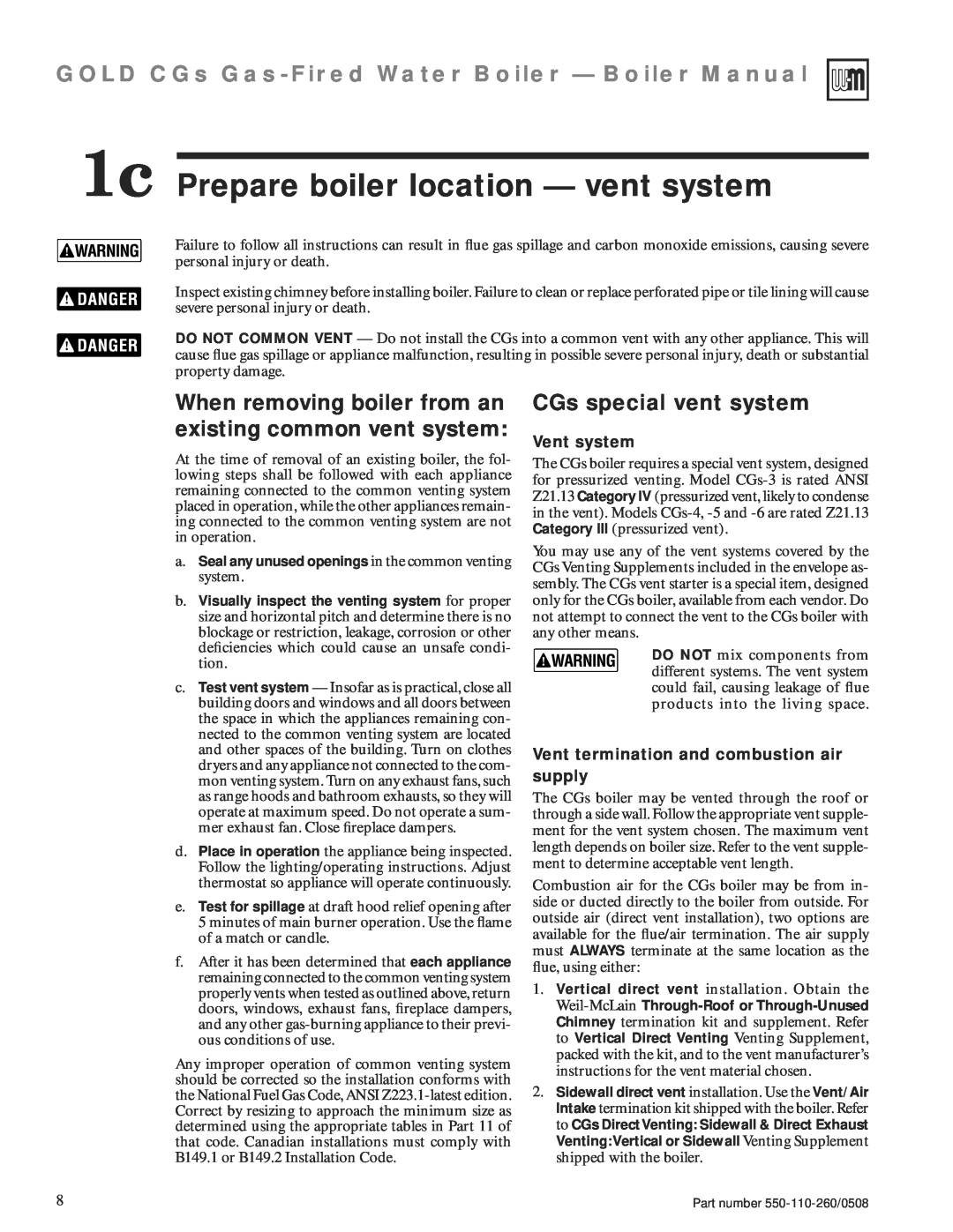 Weil-McLain 550-110-260/0508 manual 1c Prepare boiler location — vent system, CGs special vent system, Vent system 