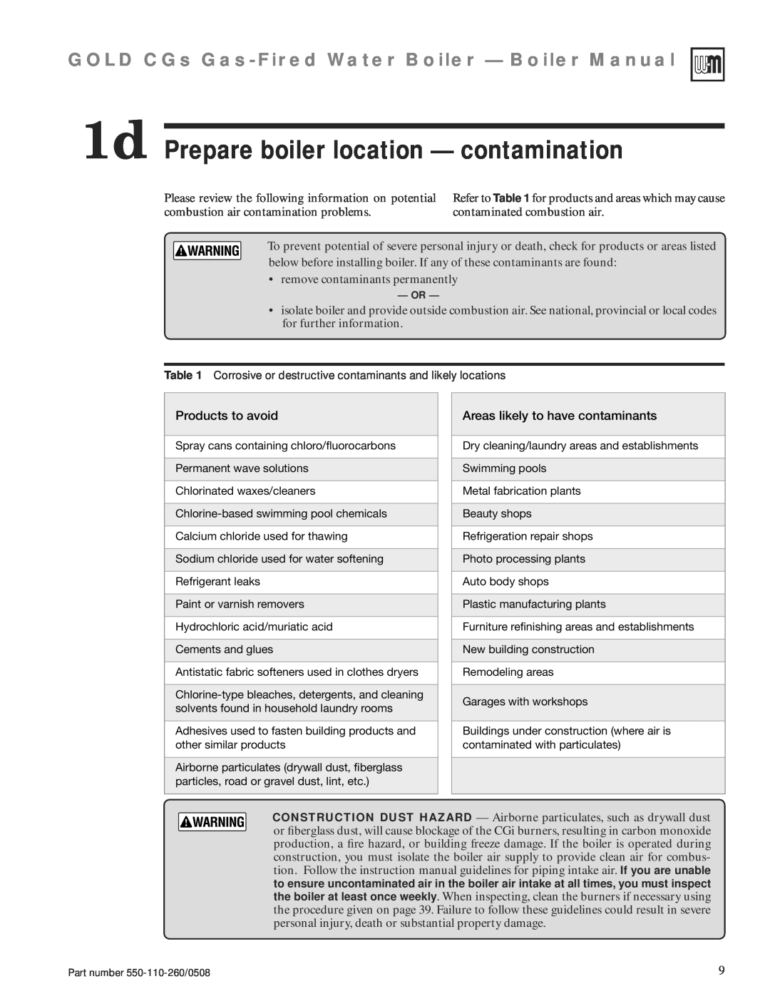 Weil-McLain 550-110-260/0508 1d Prepare boiler location — contamination, GOLD CGs Gas-FiredWater Boiler — Boiler Manual 