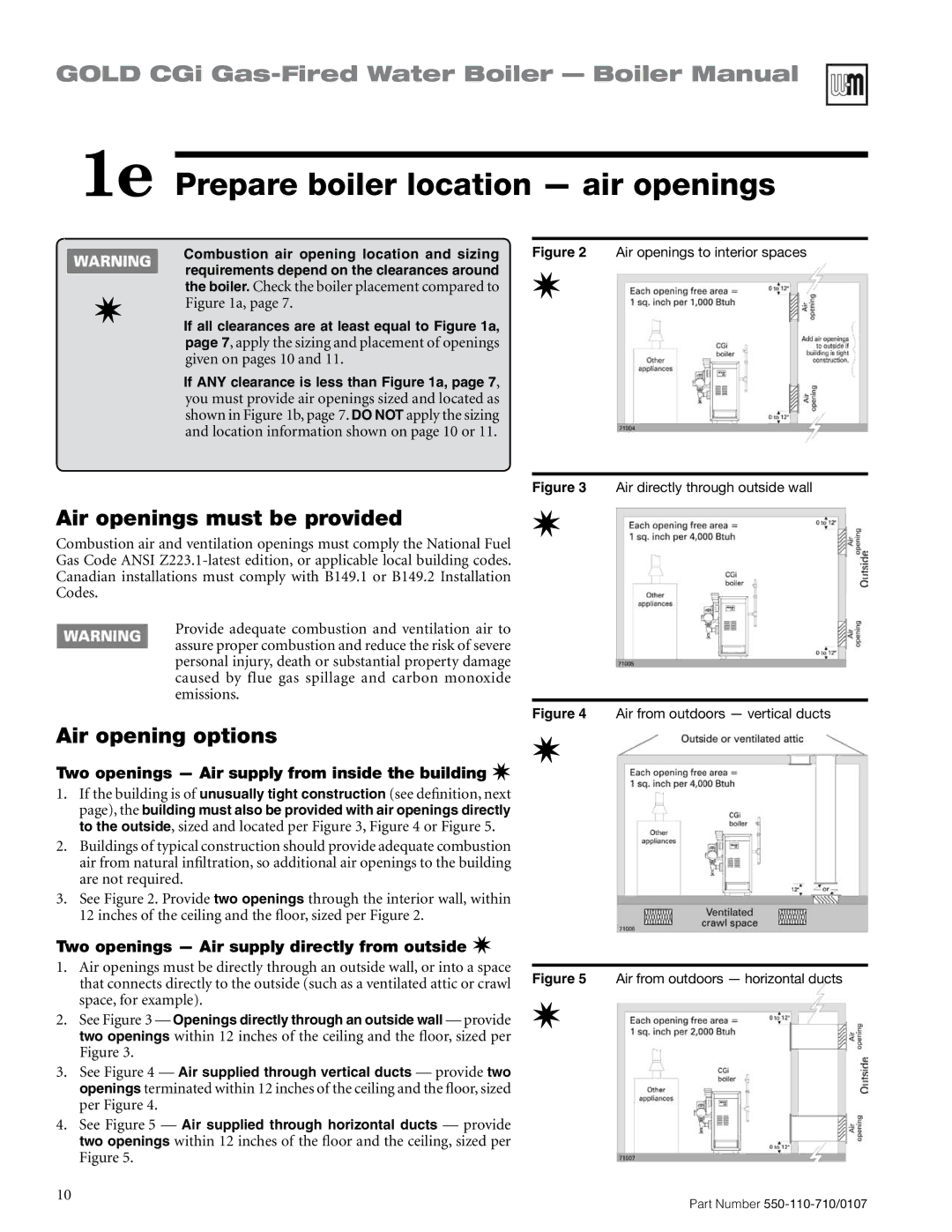 Weil-McLain 550-110-710/0107 1e Prepare boiler location air openings, Air openings must be provided, Air opening options 