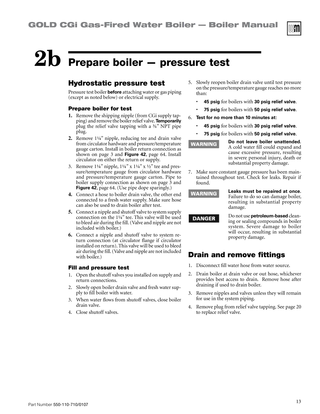 Weil-McLain 550-110-710/0107 manual 2b Prepare boiler pressure test, Hydrostatic pressure test, Drain and remove fittings 