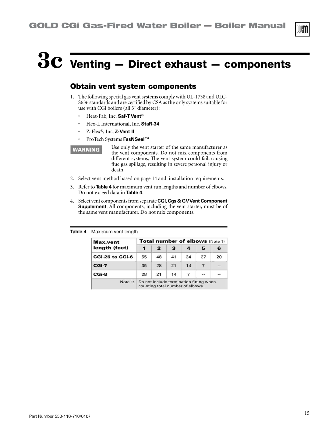 Weil-McLain 550-110-710/0107 manual 3c Venting Direct exhaust components, Obtain vent system components 