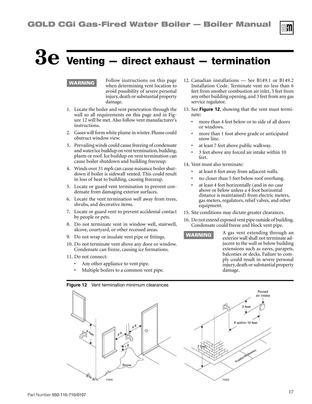 Weil-McLain 550-110-710/0107 manual 3e Venting direct exhaust termination, Vent termination minimum clearances 