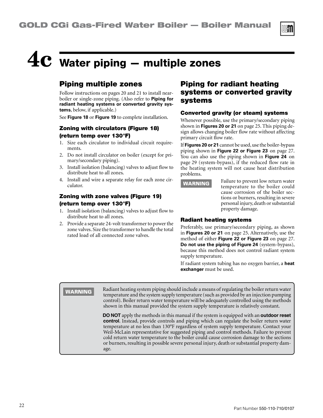 Weil-McLain 550-110-710/0107 manual 4c Water piping multiple zones, Piping multiple zones 