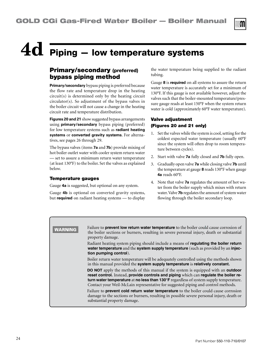 Weil-McLain 550-110-710/0107 manual 4d Piping low temperature systems, Primary/secondary preferred bypass piping method 