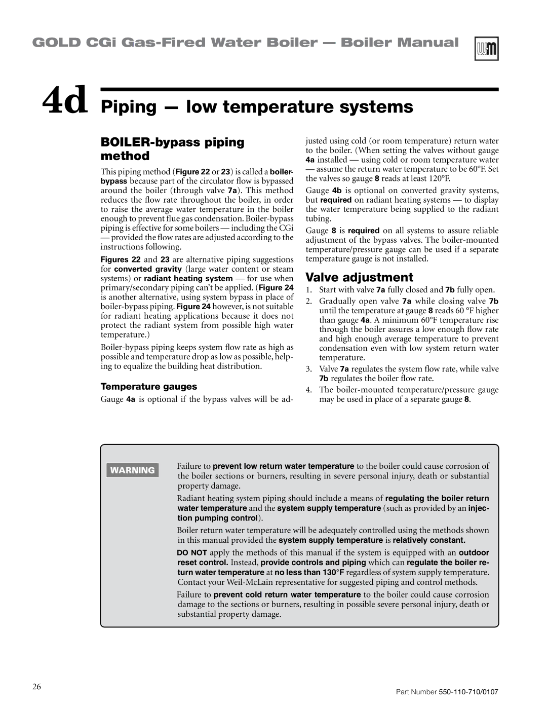 Weil-McLain 550-110-710/0107 manual BOILER-bypass piping method, Valve adjustment 