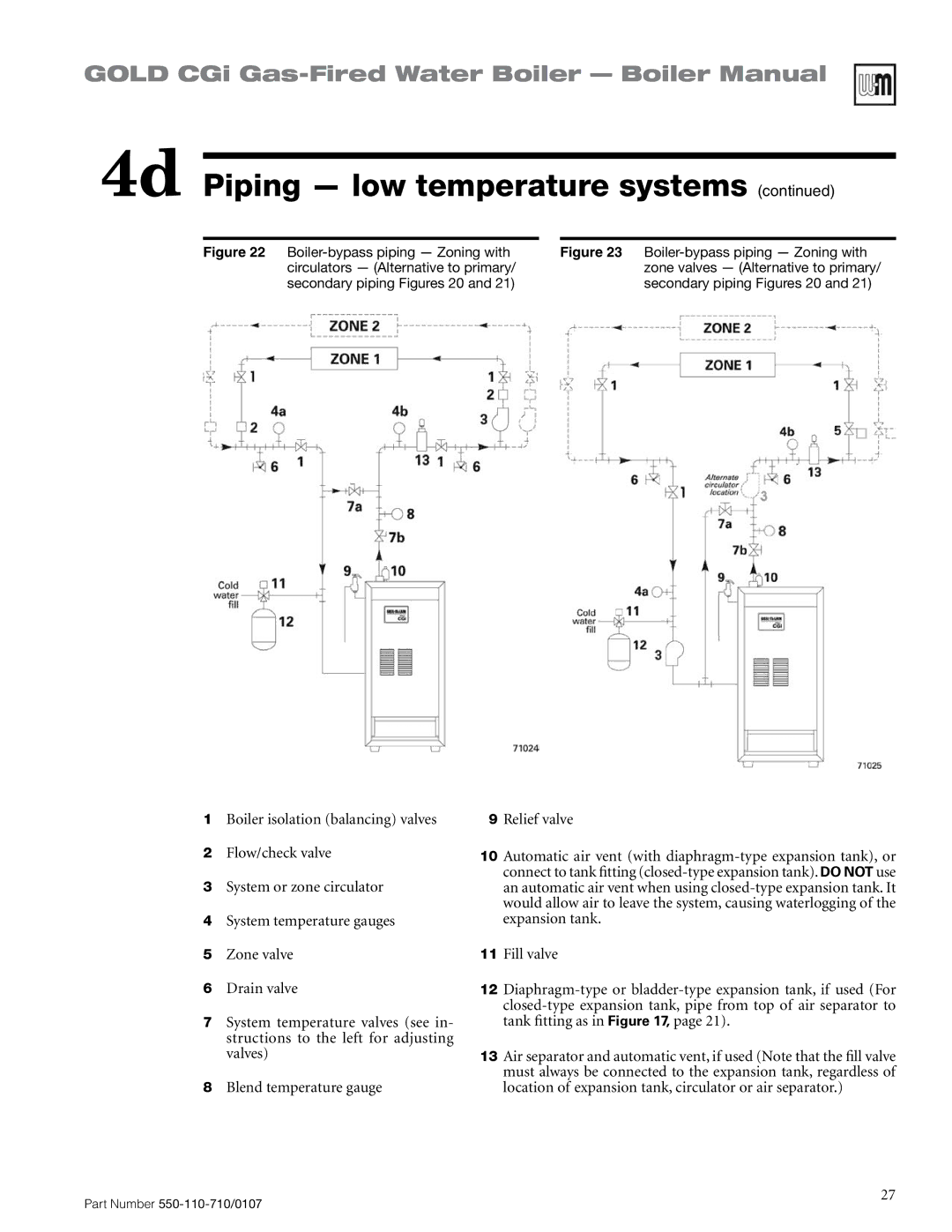 Weil-McLain 550-110-710/0107 manual Boiler-bypass piping Zoning with 