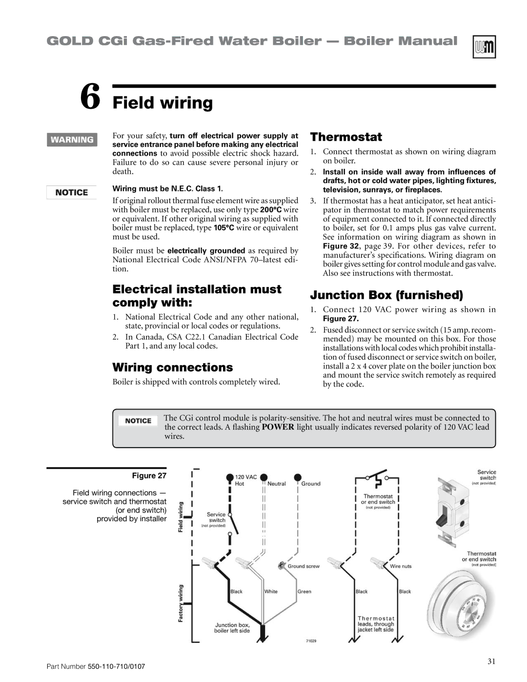 Weil-McLain 550-110-710/0107 manual Field wiring, Thermostat, Electrical installation must comply with, Wiring connections 