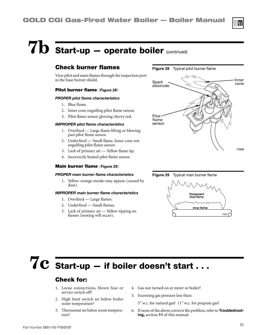 Weil-McLain 550-110-710/0107 7c Start-up if boiler doesn’t start, Check burner flames, Check for, Main burner flame Figure 