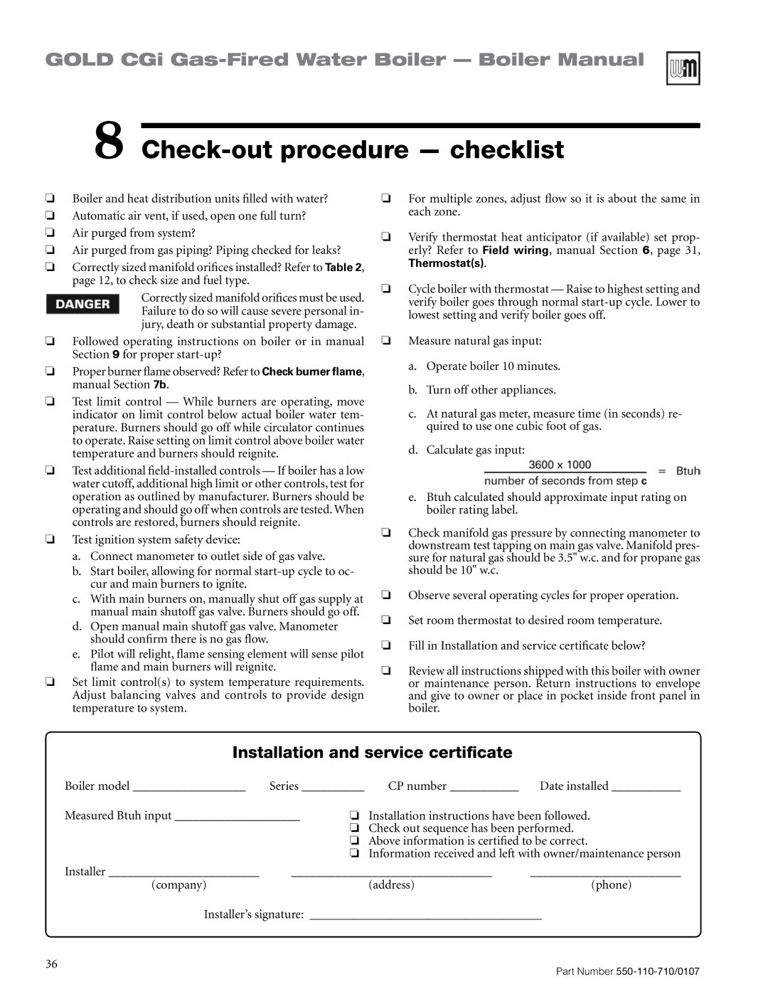 Weil-McLain 550-110-710/0107 manual Check-out procedure checklist, Thermostats 