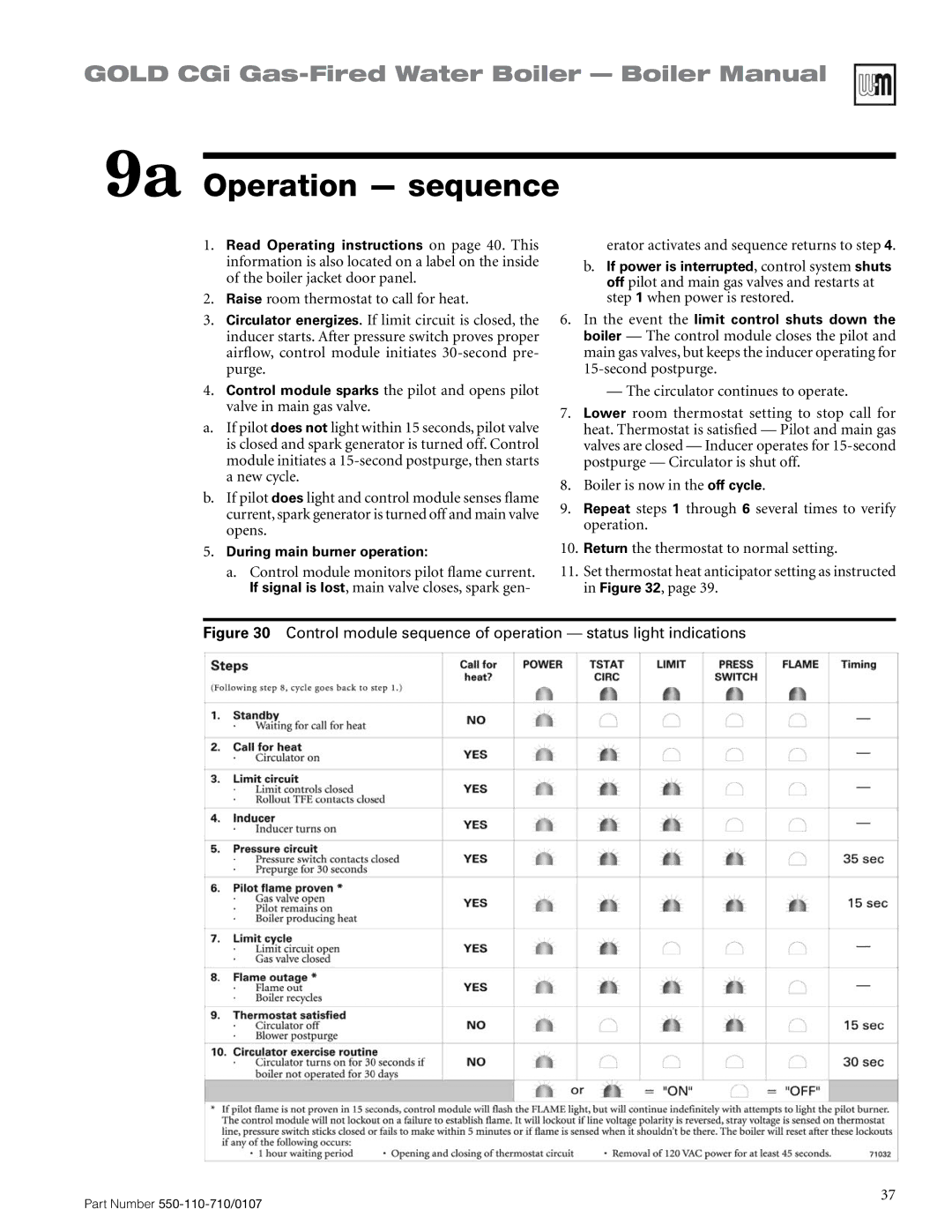 Weil-McLain 550-110-710/0107 manual 9a Operation sequence, During main burner operation 