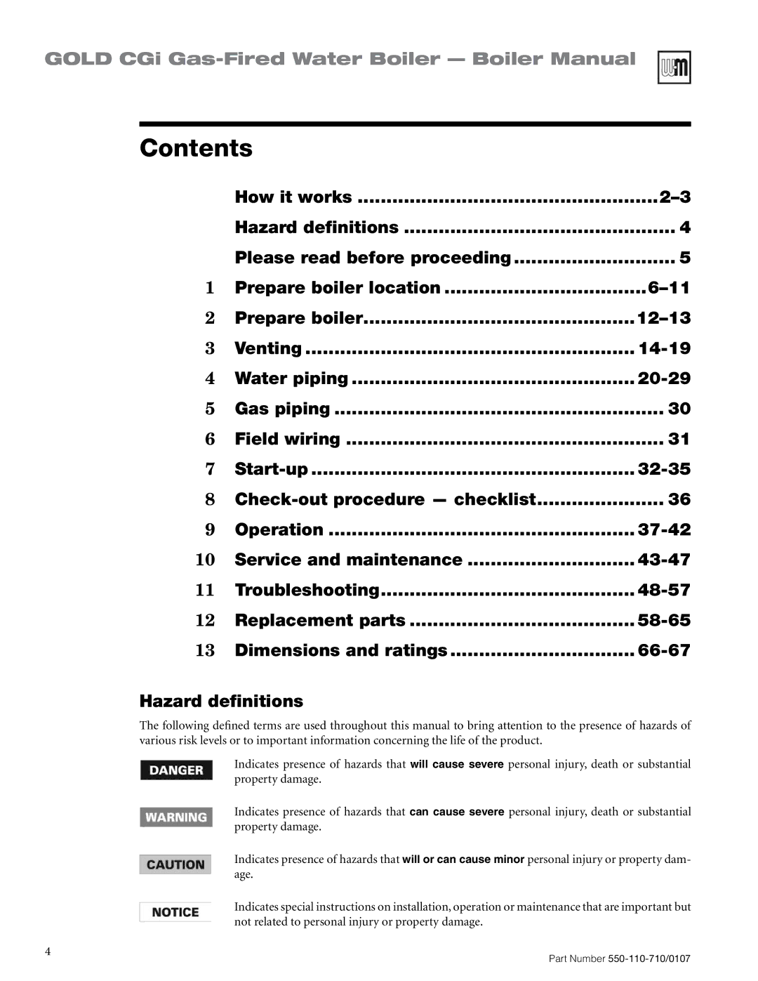 Weil-McLain 550-110-710/0107 manual Contents 