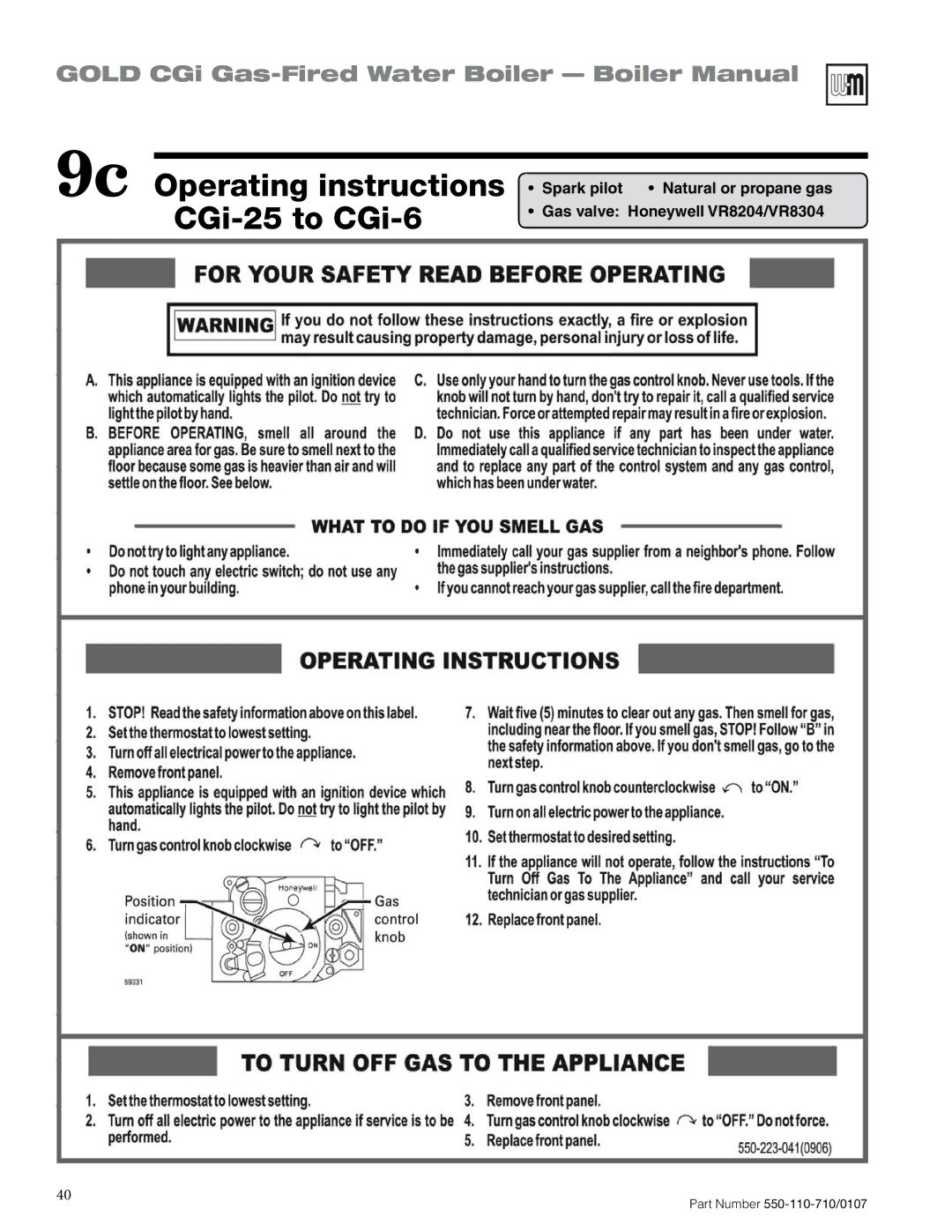 Weil-McLain 550-110-710/0107 manual 9c Operating instructions CGi-25 to CGi-6 