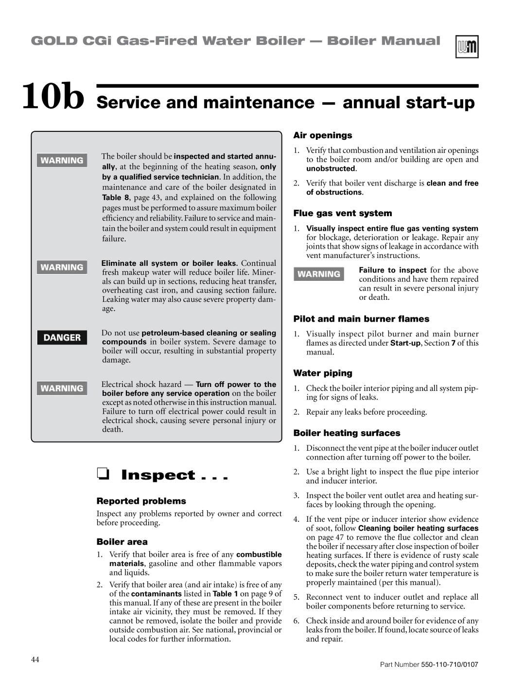 Weil-McLain 550-110-710/0107 manual 10b Service and maintenance annual start-up 