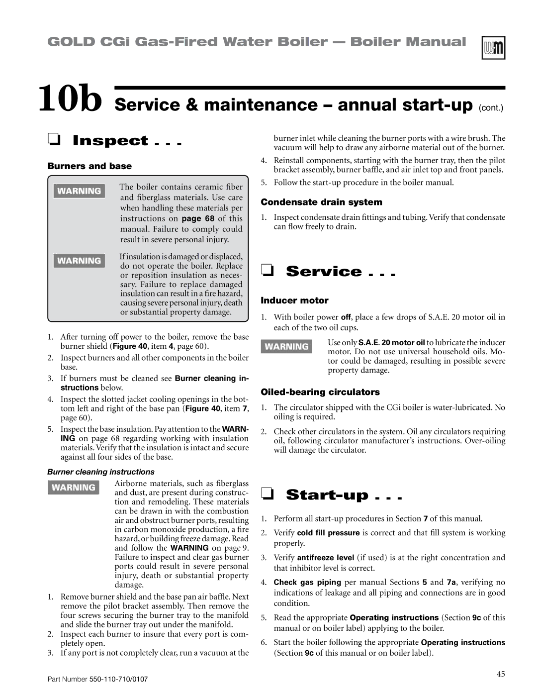 Weil-McLain 550-110-710/0107 manual 10b Service & maintenance annual start-up, Burners and base, Condensate drain system 