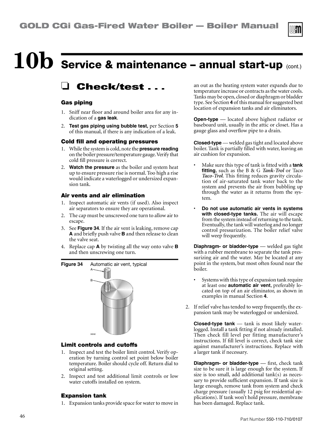 Weil-McLain 550-110-710/0107 Gas piping, Cold fill and operating pressures, Air vents and air elimination, Expansion tank 