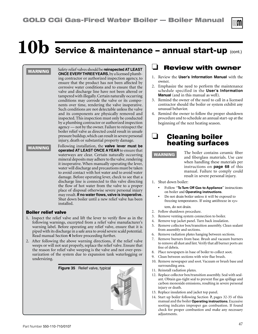 Weil-McLain 550-110-710/0107 Review with owner, Boiler relief valve, Review the User’s Information Manual with the owner 