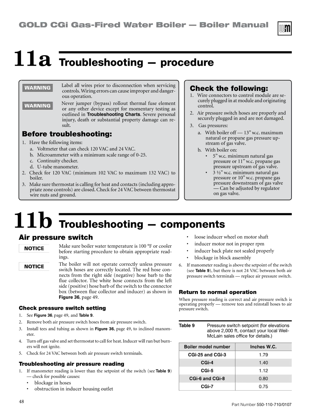 Weil-McLain 550-110-710/0107 manual 11a Troubleshooting procedure, 11b Troubleshooting components, Before troubleshooting 