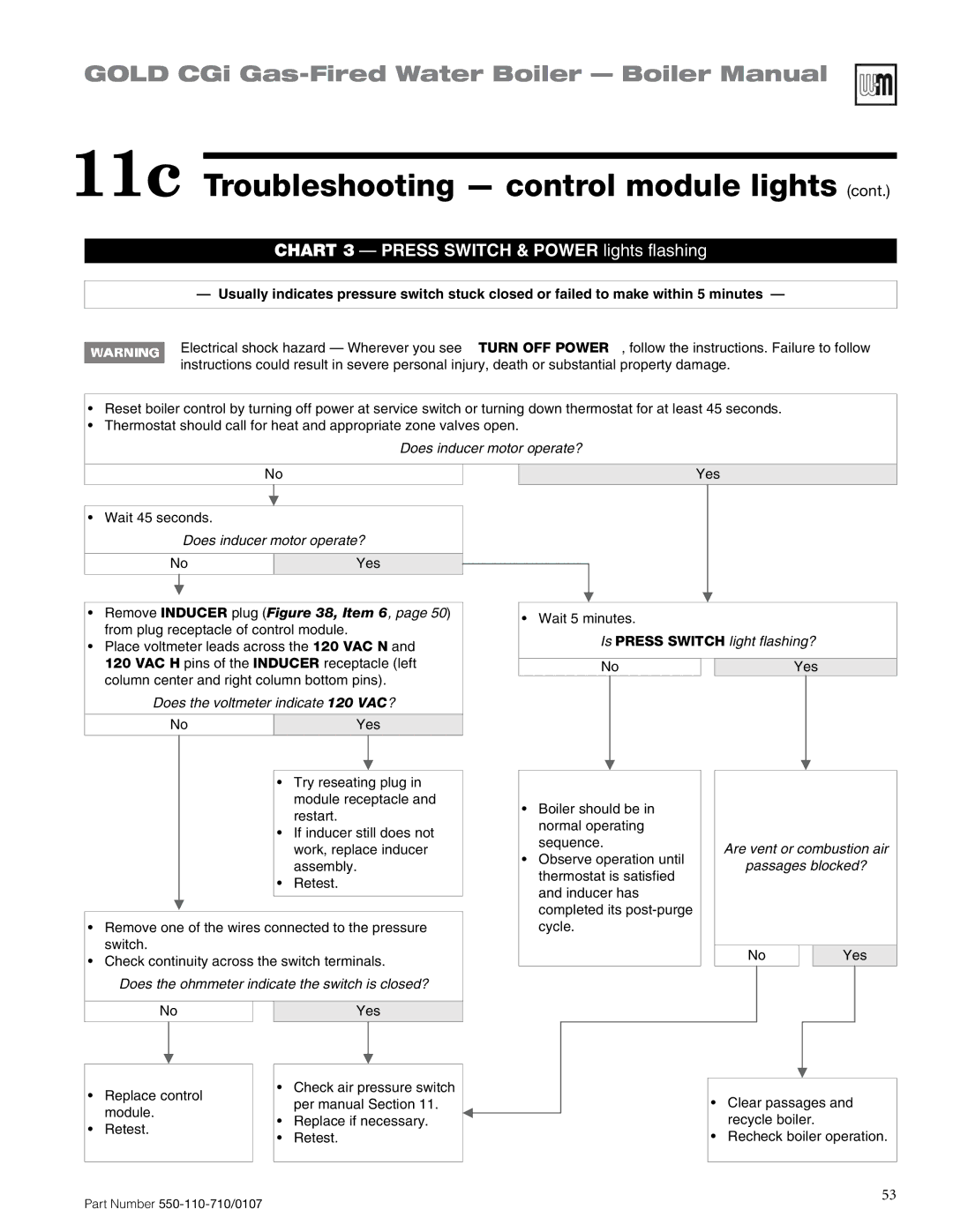 Weil-McLain 550-110-710/0107 manual Chart 3 Press Switch & Power lights flashing 