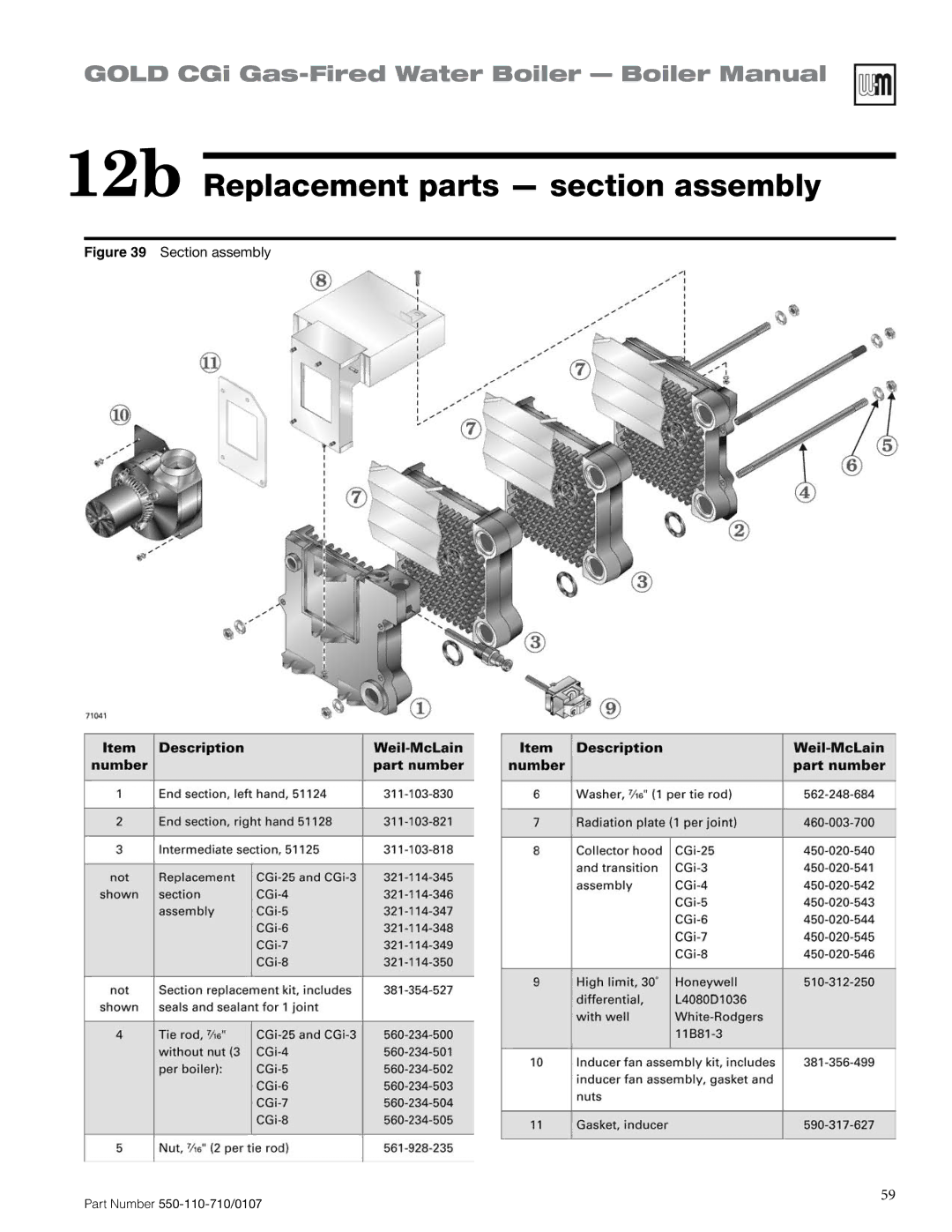 Weil-McLain 550-110-710/0107 manual 12b Replacement parts section assembly, Section assembly 