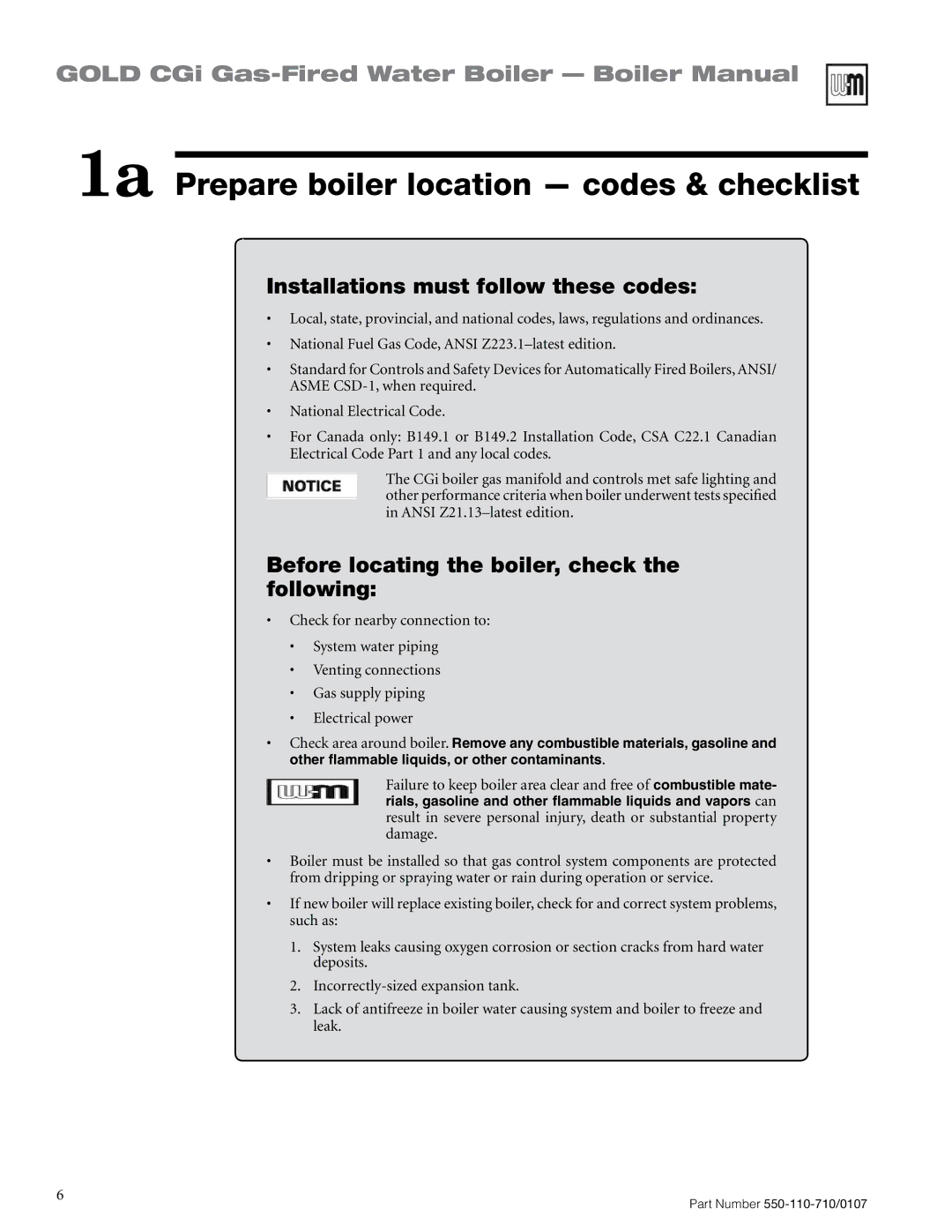 Weil-McLain 550-110-710/0107 manual 1a Prepare boiler location codes & checklist, Installations must follow these codes 