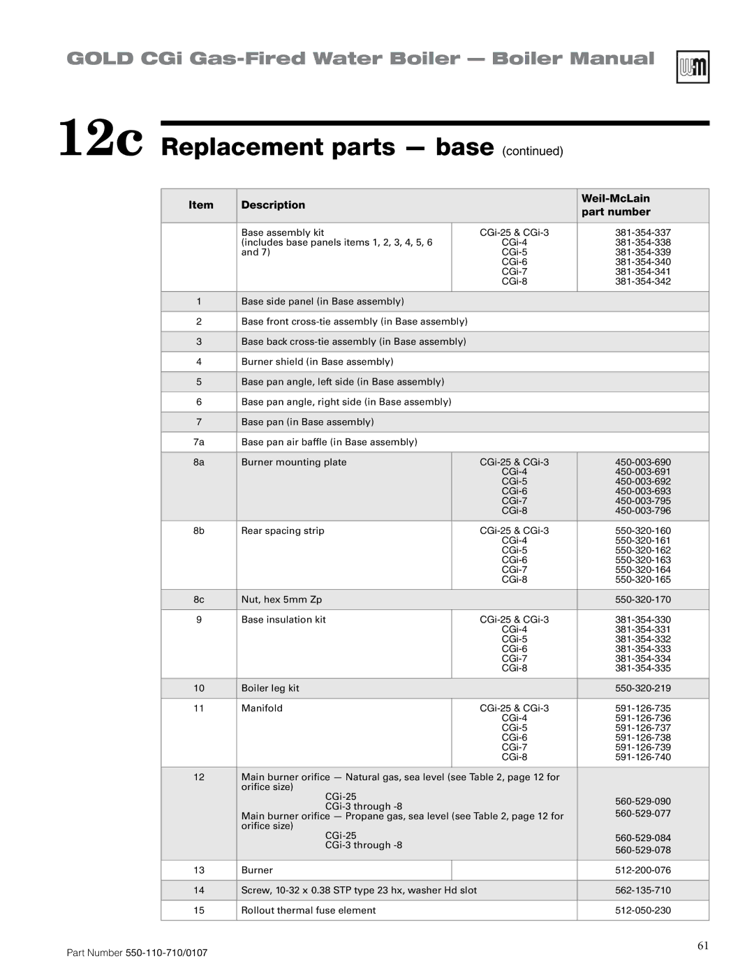 Weil-McLain 550-110-710/0107 manual Description Weil-McLain Part number 