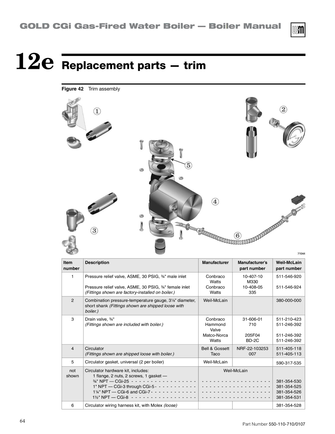 Weil-McLain 550-110-710/0107 manual 12e Replacement parts trim, Fittings shown are included with boiler 