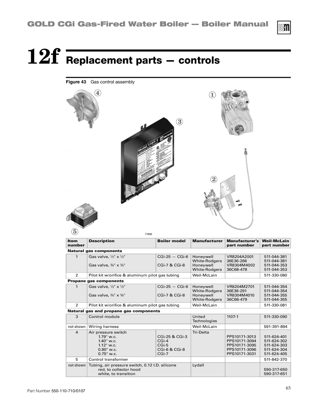 Weil-McLain 550-110-710/0107 manual 12f Replacement parts controls, Propane gas components 