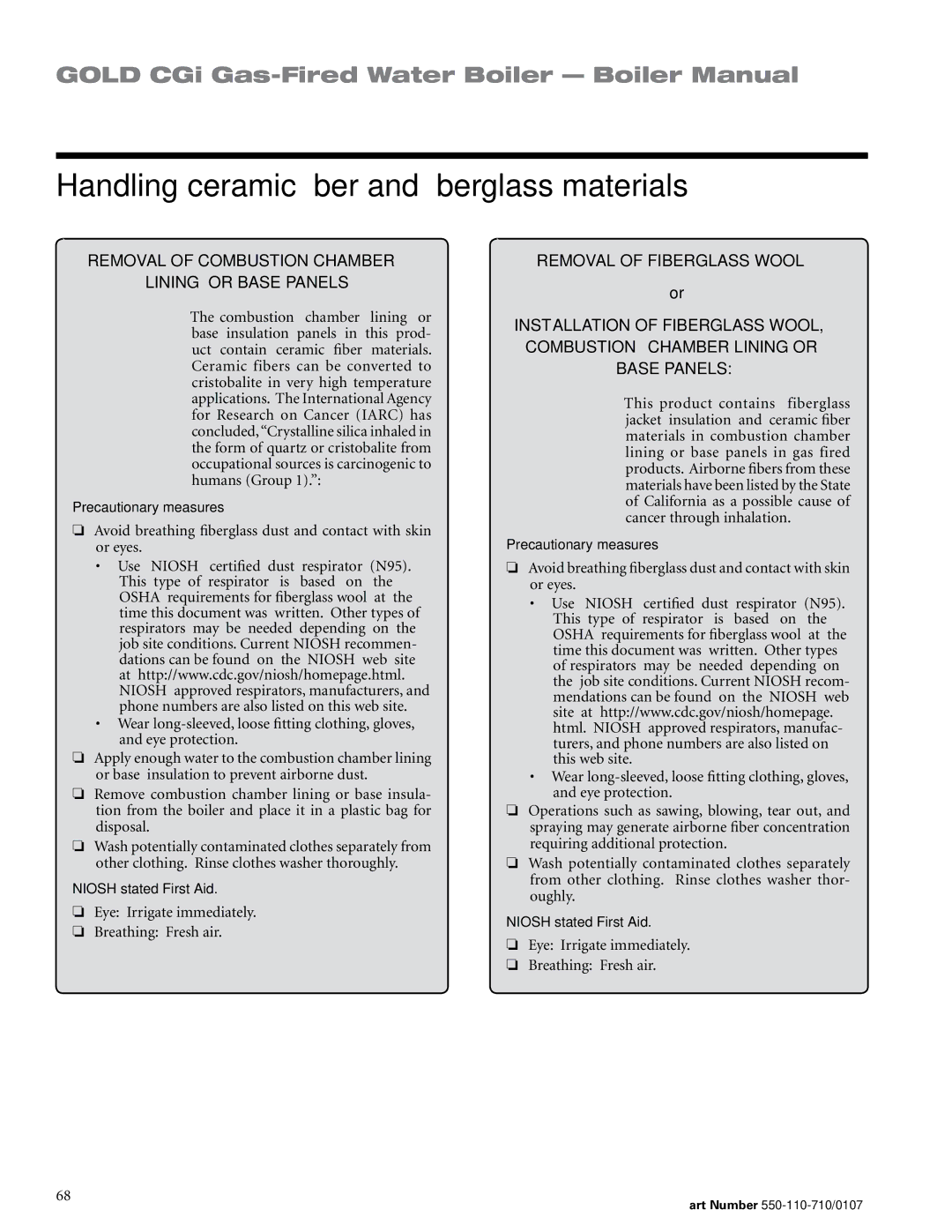 Weil-McLain 550-110-710/0107 manual Handling ceramic fiber and fiberglass materials 