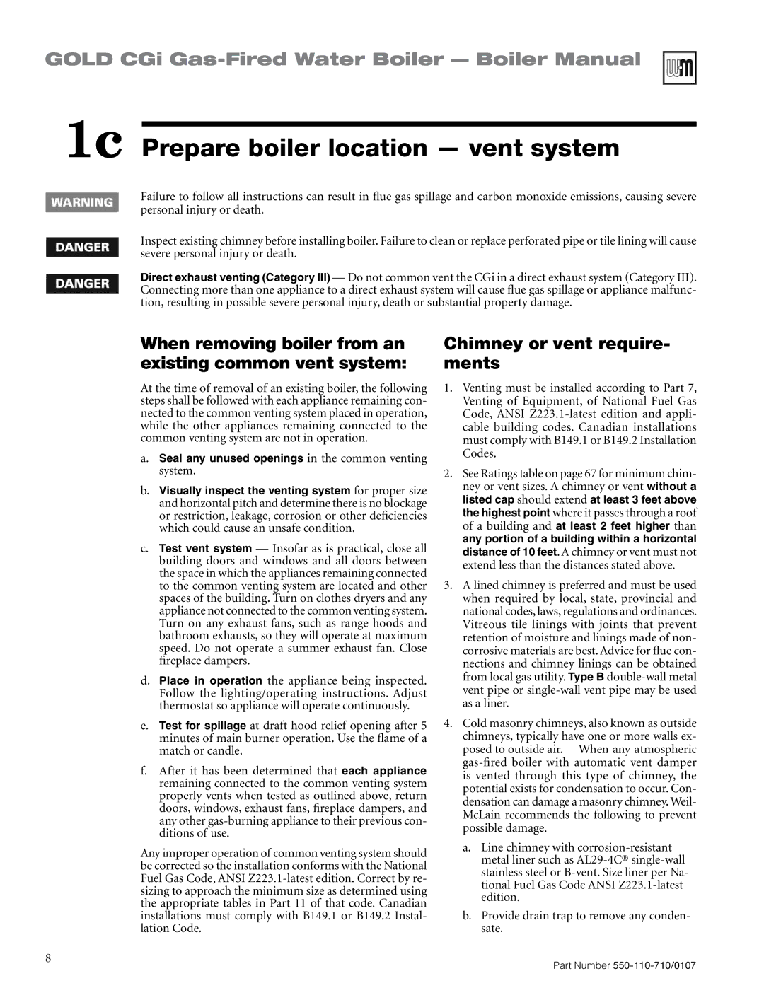 Weil-McLain 550-110-710/0107 manual 1c Prepare boiler location vent system, Chimney or vent require- ments 