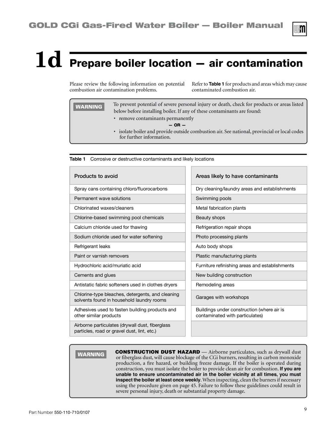 Weil-McLain 550-110-710/0107 manual 1d Prepare boiler location air contamination, Products to avoid 