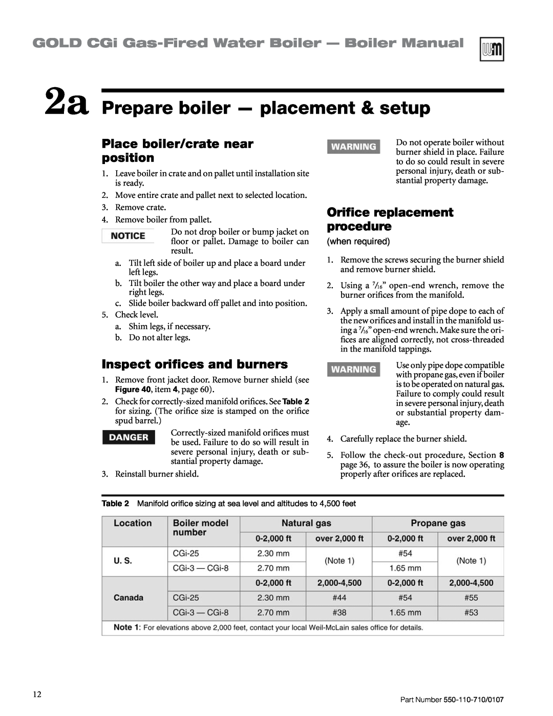 Weil-McLain 550-110-710/0107 manual 2a Prepare boiler — placement & setup, GOLD CGi Gas-FiredWater Boiler — Boiler Manual 