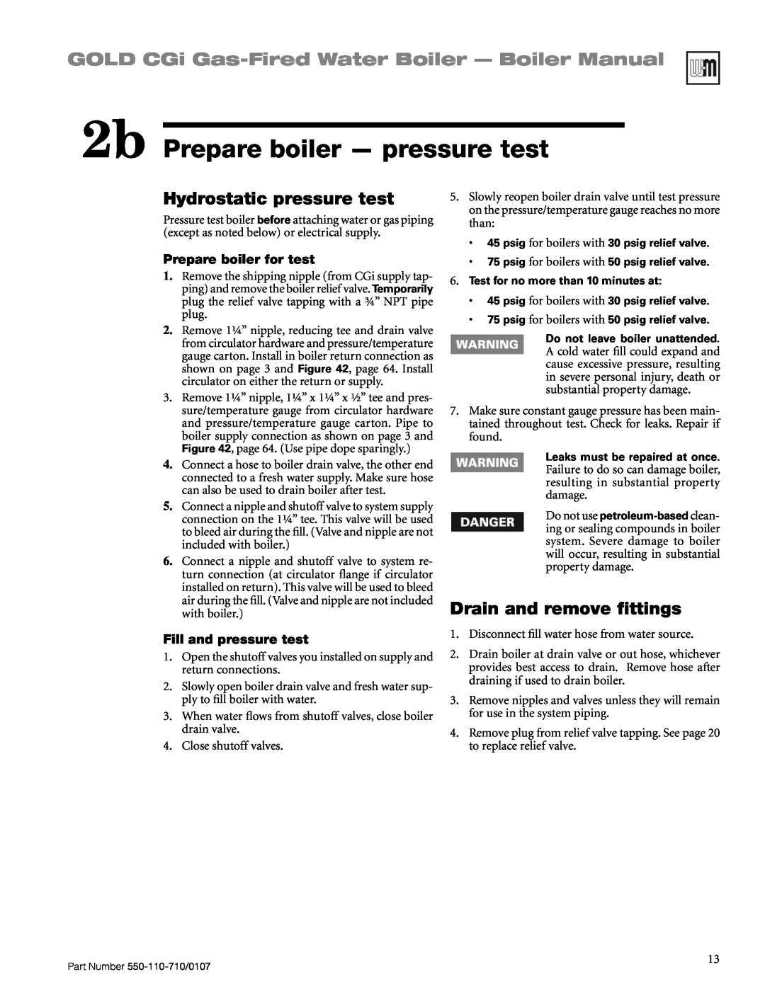 Weil-McLain 550-110-710/0107 manual 2b Prepare boiler — pressure test, GOLD CGi Gas-FiredWater Boiler — Boiler Manual 