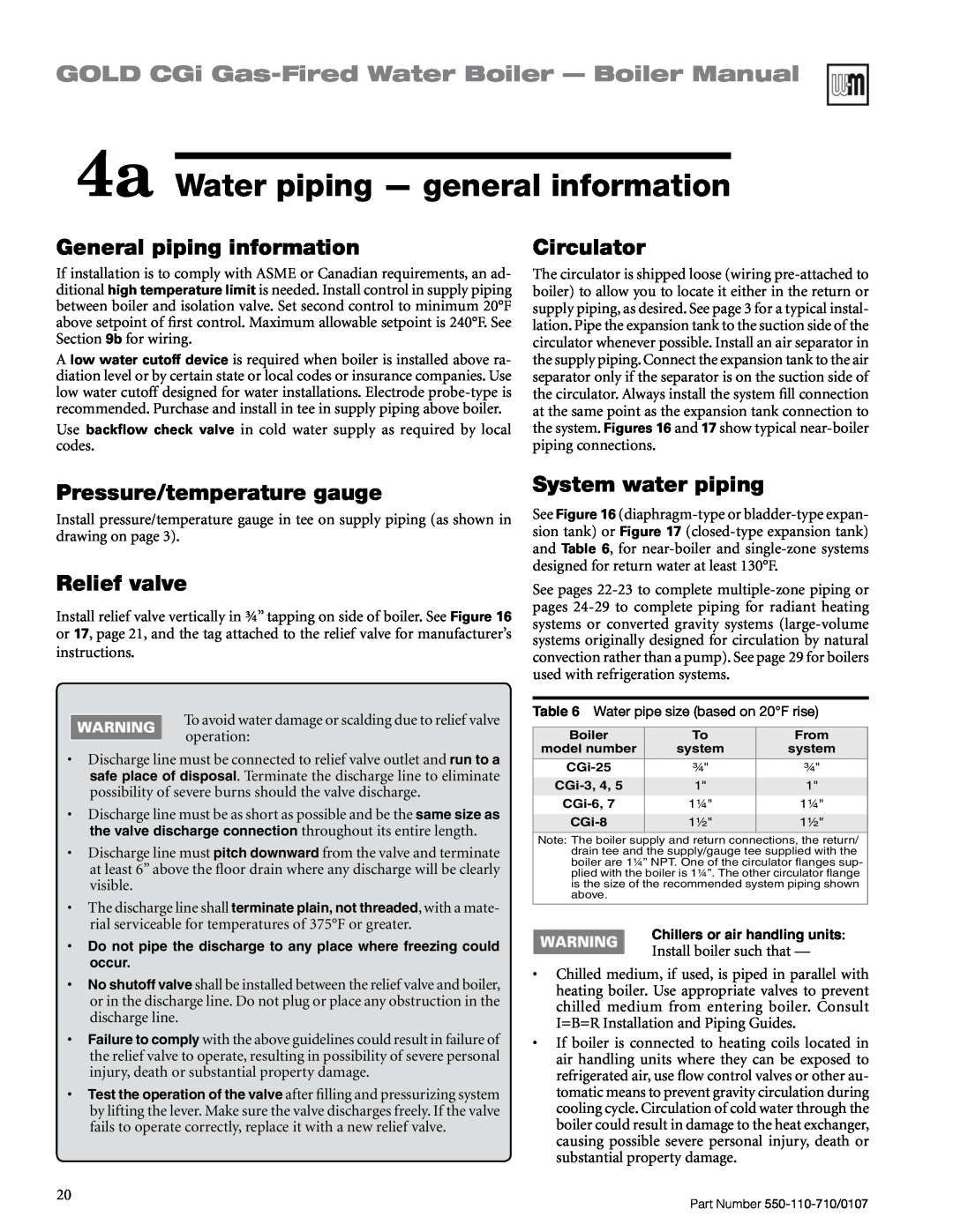 Weil-McLain 550-110-710/0107 manual 4a Water piping — general information, GOLD CGi Gas-FiredWater Boiler — Boiler Manual 