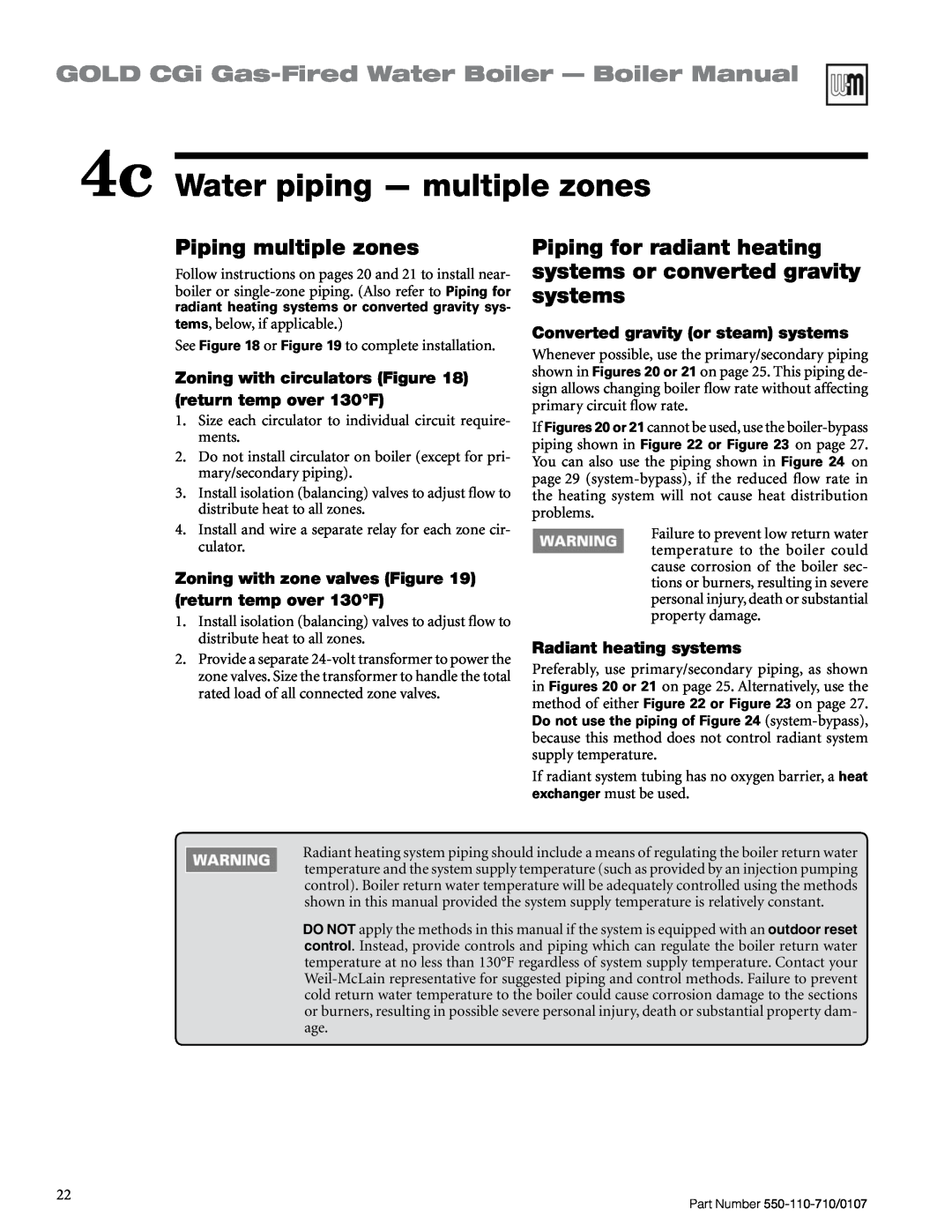 Weil-McLain 550-110-710/0107 manual 4c Water piping — multiple zones, GOLD CGi Gas-FiredWater Boiler — Boiler Manual 