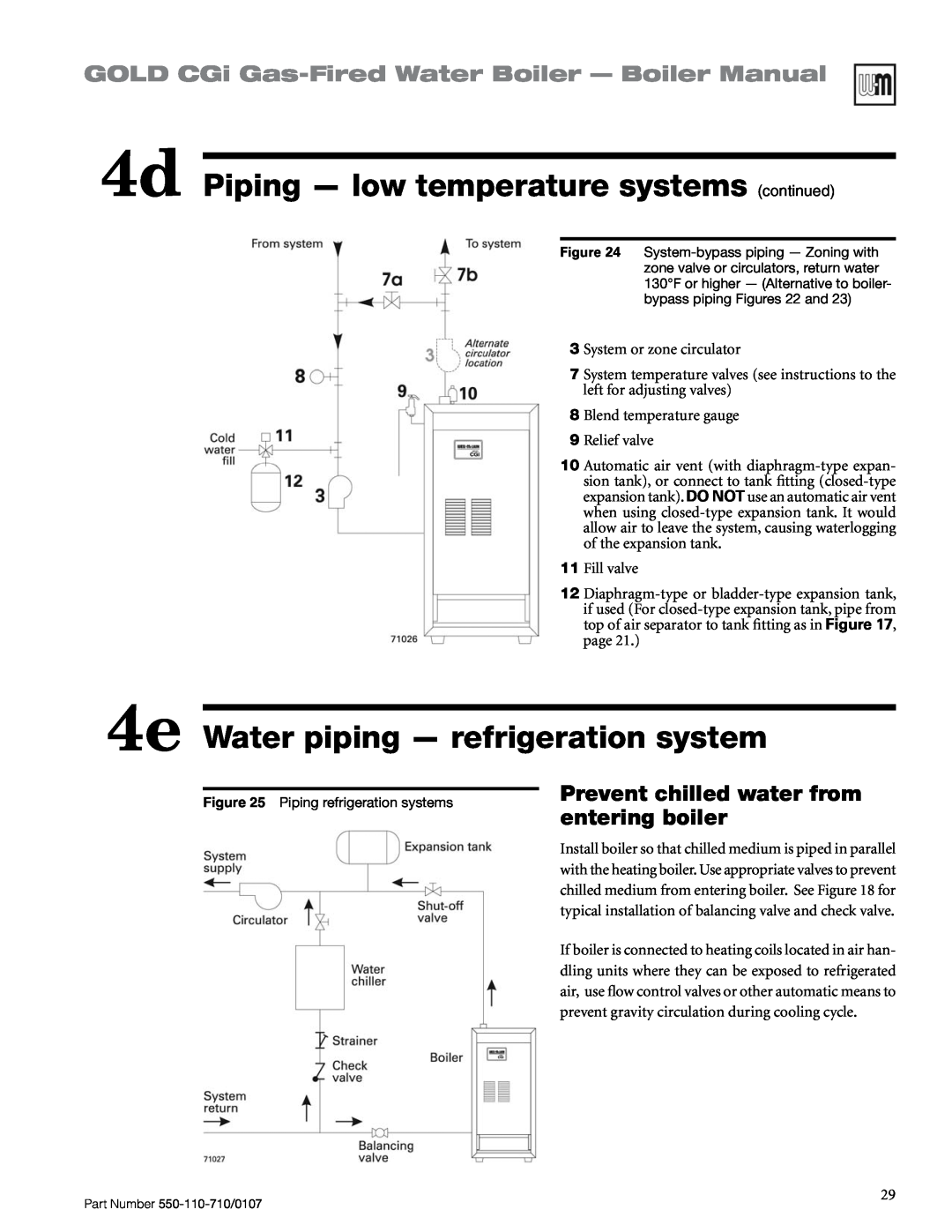 Weil-McLain 550-110-710/0107 manual 4e Water piping — refrigeration system, 4d Piping — low temperature systems continued 