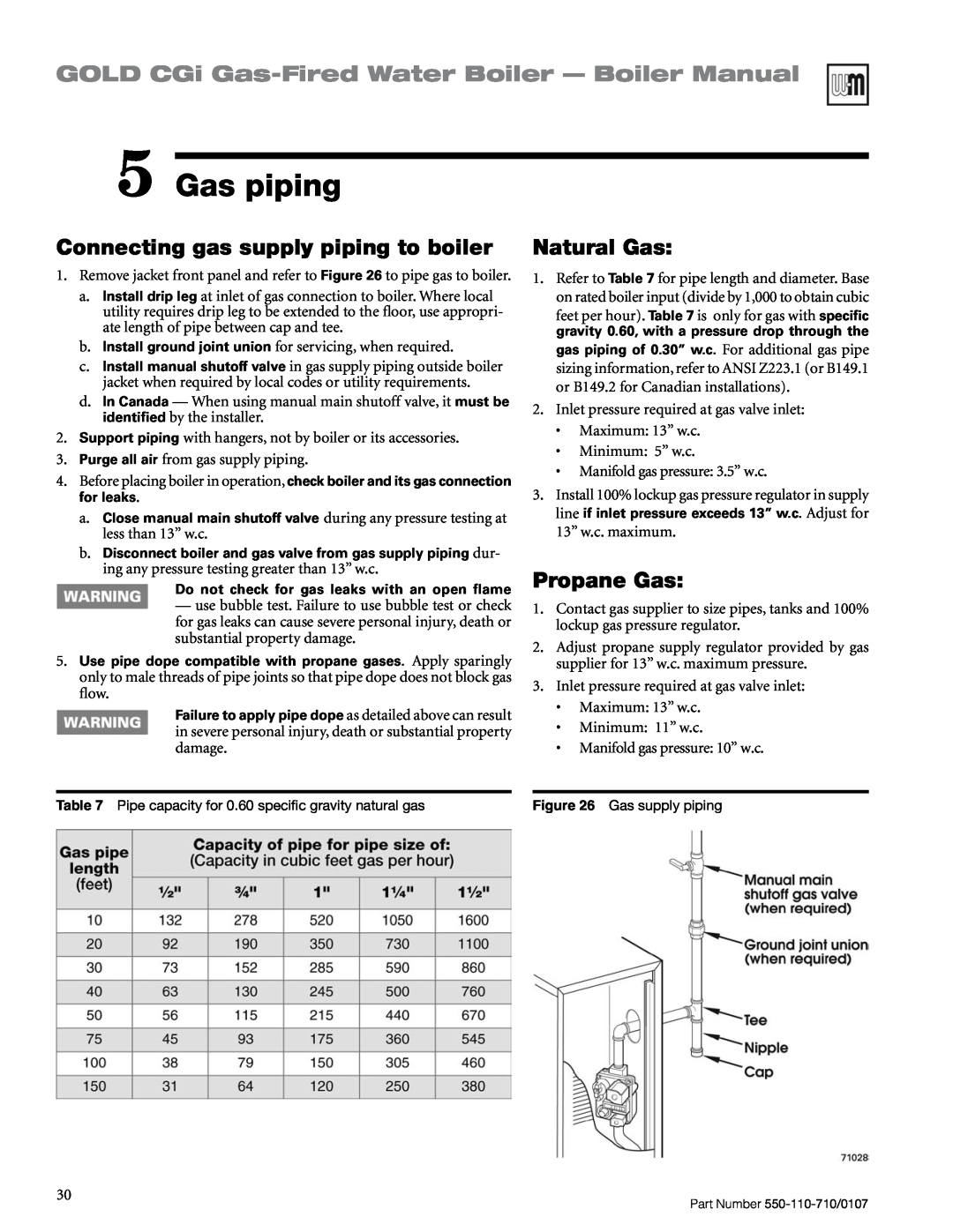 Weil-McLain 550-110-710/0107 manual Gas piping, GOLD CGi Gas-FiredWater Boiler - Boiler Manual, Natural Gas, Propane Gas 