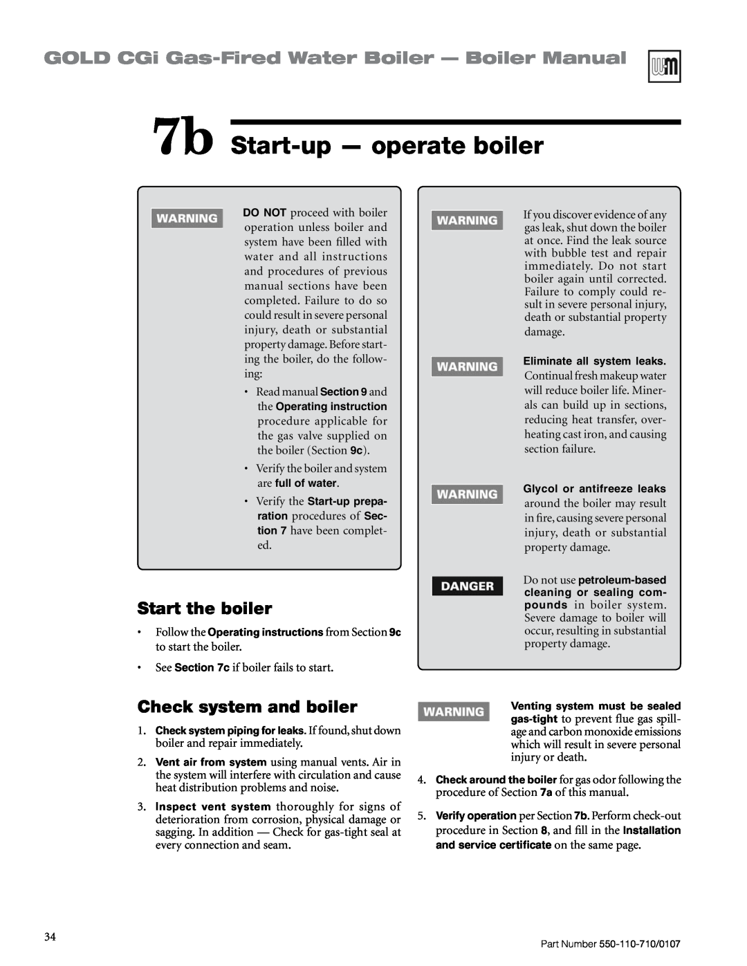 Weil-McLain 550-110-710/0107 7b Start-up— operate boiler, GOLD CGi Gas-FiredWater Boiler — Boiler Manual, Start the boiler 