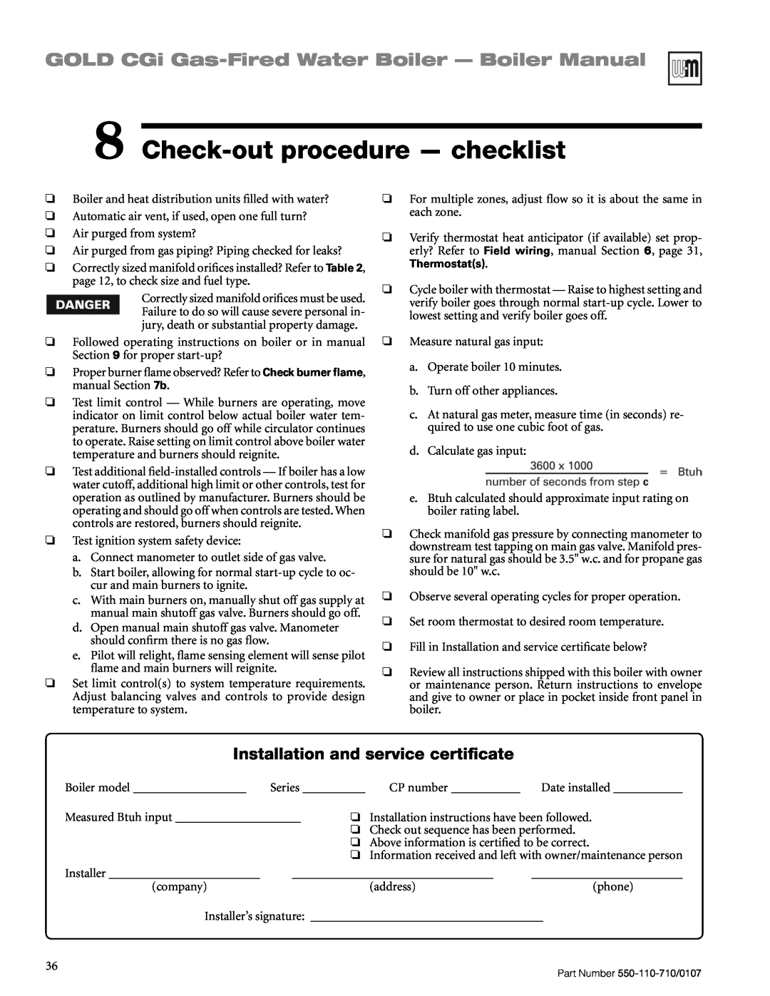 Weil-McLain 550-110-710/0107 manual Check-outprocedure — checklist, GOLD CGi Gas-FiredWater Boiler — Boiler Manual 