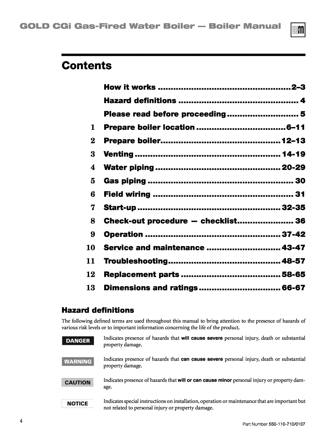 Weil-McLain 550-110-710/0107 manual Contents, GOLD CGi Gas-FiredWater Boiler — Boiler Manual 