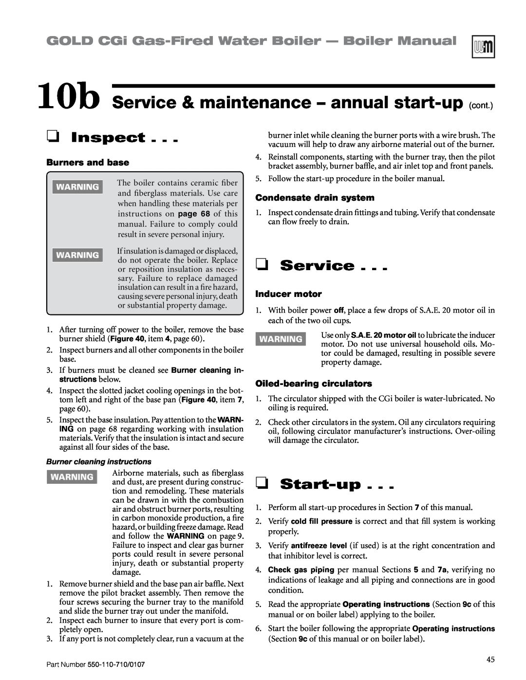 Weil-McLain 550-110-710/0107 manual 10b Service & maintenance – annual start-up cont, Start-up, Inspect, Burners and base 