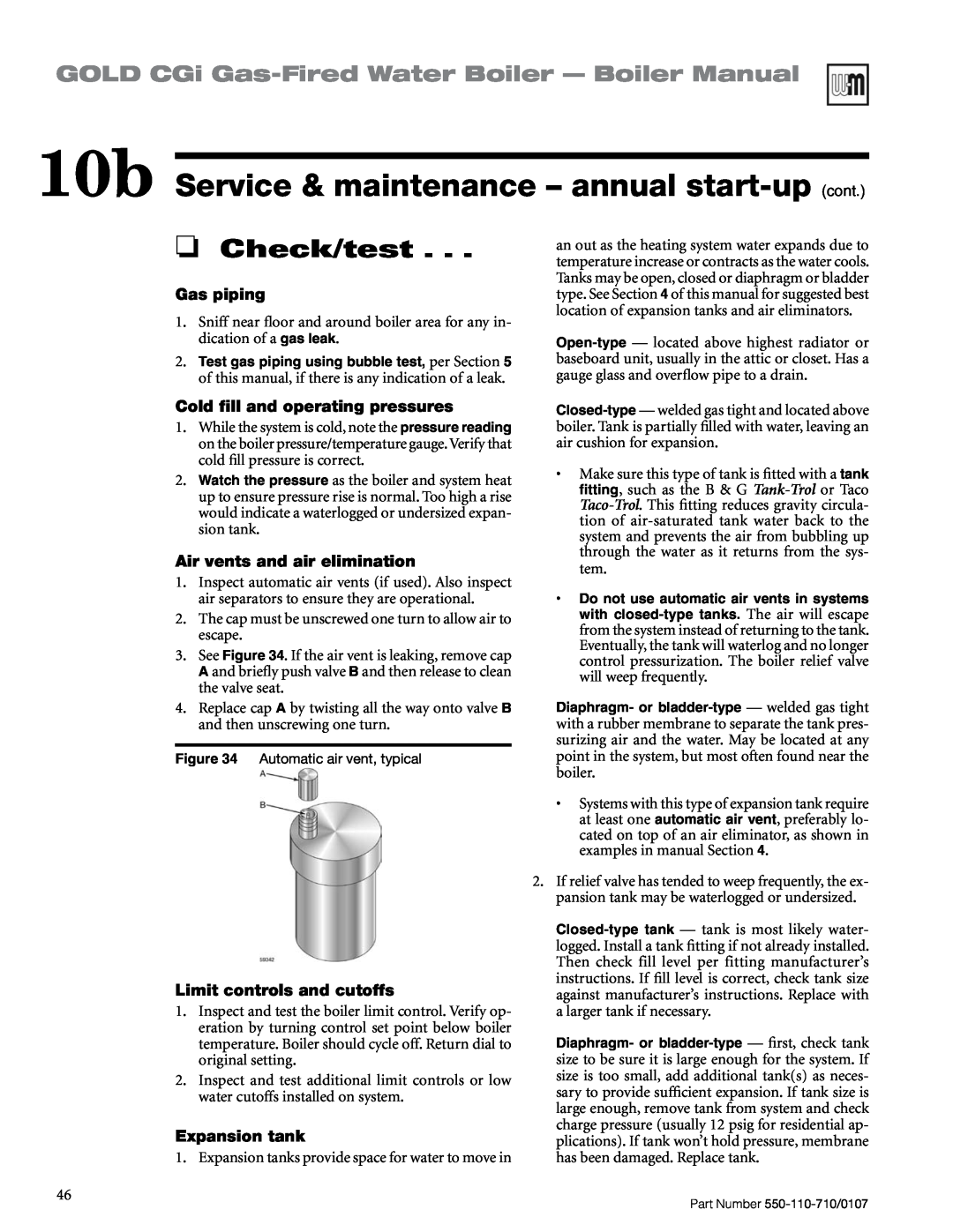 Weil-McLain 550-110-710/0107 Check/test, 10b Service & maintenance – annual start-up cont, Gas piping, Expansion tank 