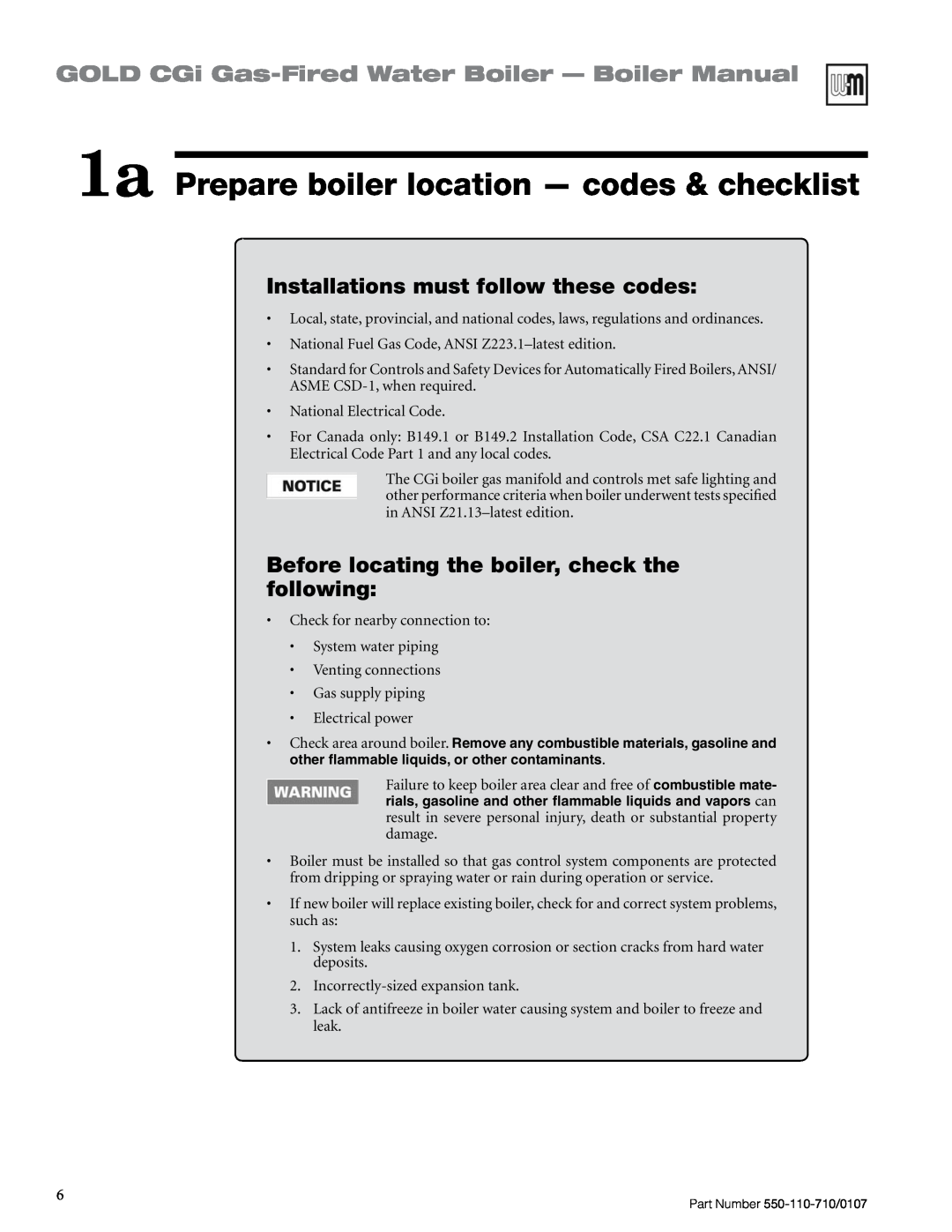 Weil-McLain 550-110-710/0107 manual 1a Prepare boiler location — codes & checklist, Installations must follow these codes 