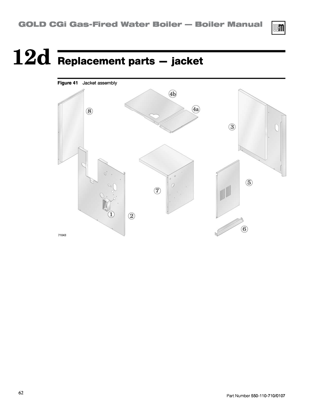 Weil-McLain 550-110-710/0107 manual 12d Replacement parts — jacket, GOLD CGi Gas-FiredWater Boiler — Boiler Manual 