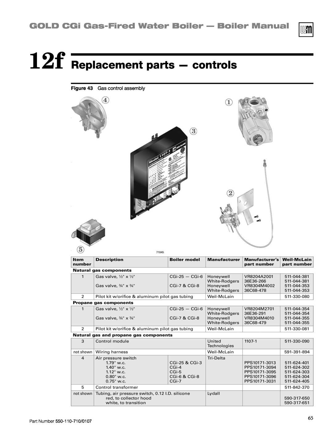 Weil-McLain 550-110-710/0107 manual 12f Replacement parts - controls, GOLD CGi Gas-FiredWater Boiler — Boiler Manual 