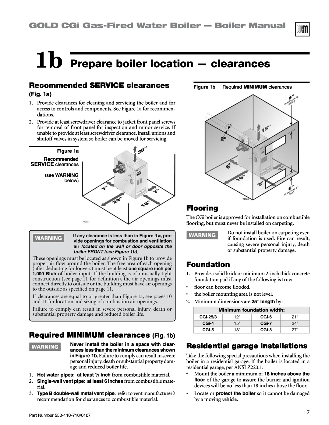 Weil-McLain 550-110-710/0107 manual 1b Prepare boiler location — clearances, GOLD CGi Gas-FiredWater Boiler — Boiler Manual 